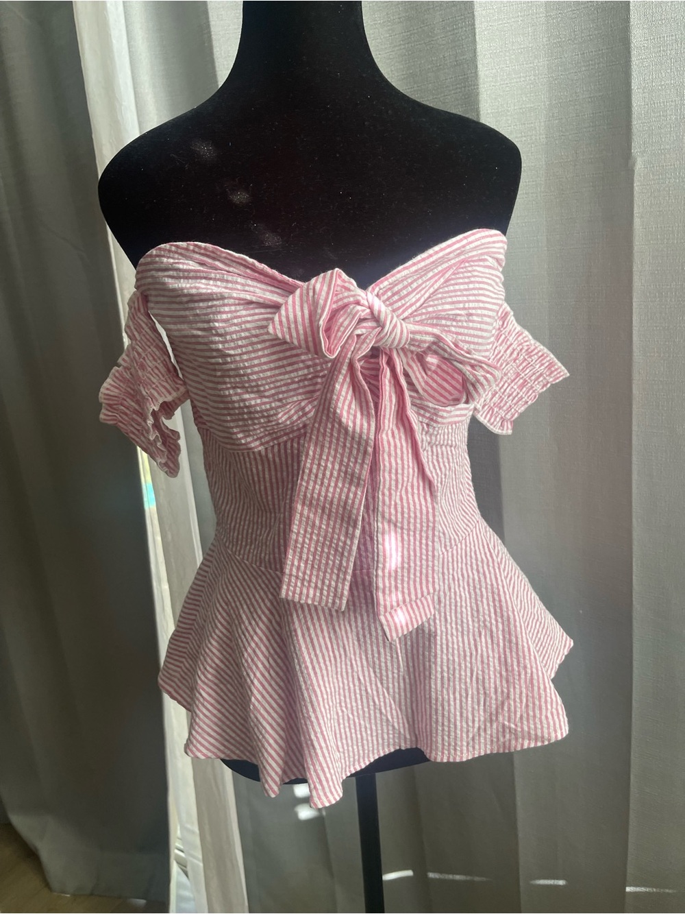 Women’s Off-Shoulder Pink Stripe Tie-Front Top